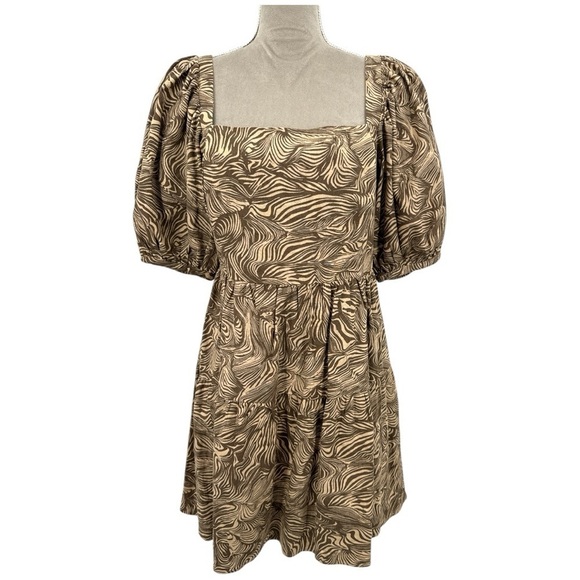 House of Harlow 1960 Puff Sleeve Printed Linen Blend Mini Dress - Brown - Medium - Picture 2 of 8